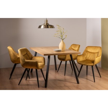 Ramsay Oak Effect 6 Seater Dining Table with 4 Legs & 4 Dali Mustard Velvet Fabric Chairs