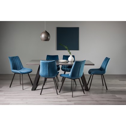 Hirst Grey Painted Glass 6 Seater Dining Table & 6 Fontana Blue Velvet Fabric Chairs