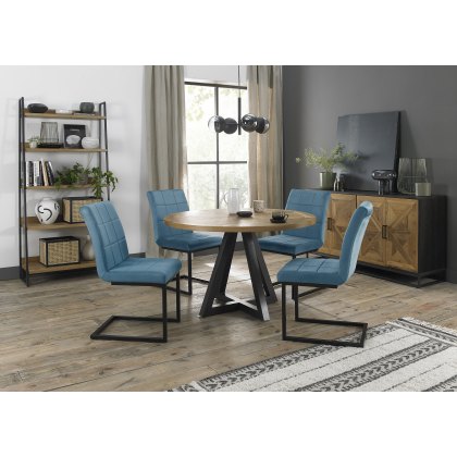 Lowry Rustic Oak 4 Seater Dining Table & 4 Lewis Blue Velvet Fabric Chairs