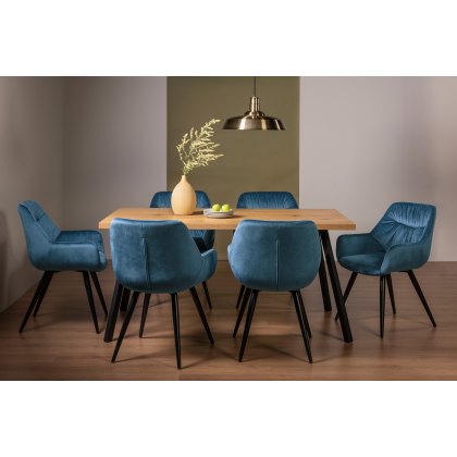 Ramsay 4 Leg Oak Effect 6 Seater & 6 Dali Petrol Blue Velvet Fabric Chairs