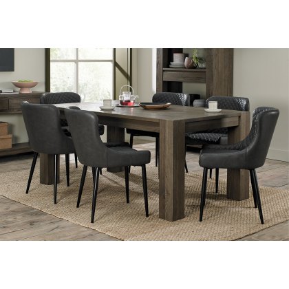 Constable Fumed Oak 6 Seater Dining Table & 6 Cezanne Chairs in Dark Grey Faux Leather with Black Legs