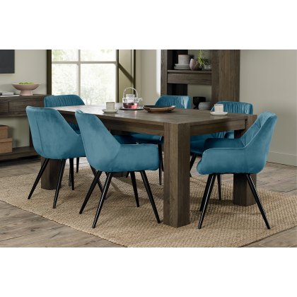 Constable Fumed Oak 6 Seater Dining Table & 6 Dali Petrol Blue Velvet Fabric Chairs