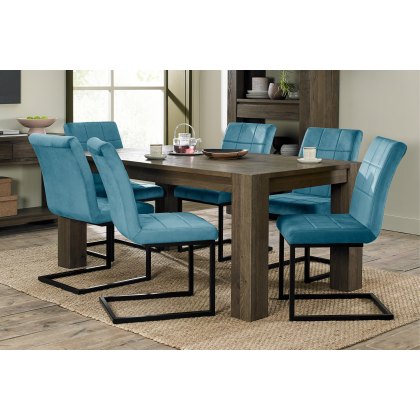 Constable Fumed Oak 6 Seater Dining Table & 6 Lewis Petrol Blue Velvet Fabric Chairs