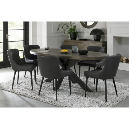 Bosco Fumed Oak 6 Seater Dining Table & 6 Cezanne Chairs in Dark Grey Faux Leather with Black Legs