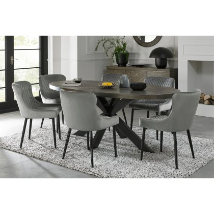 Bosco Fumed Oak 6 Seater Dining Table & 6 Cezanne Chairs in Grey Velvet Fabric with Black Legs