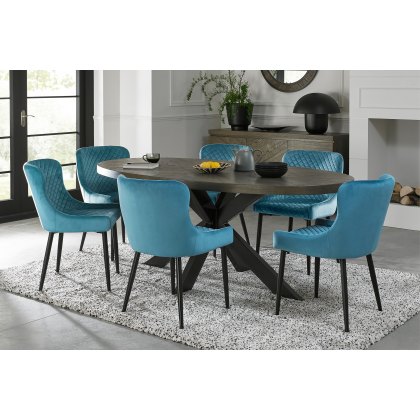 Bosco Fumed Oak 6 Seater Dining Table & 6 Cezanne Chairs in Petrol Blue Velvet Fabric with Black Legs