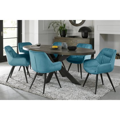 Bosco Fumed Oak 6 Seater Dining Table & 6 Dali Petrol Blue Velvet Fabric Chairs