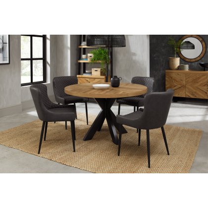 Bosco Rustic Oak 4 Seater Dining Table & 4 Cezanne Chairs in Dark Grey Faux Leather with Black Legs