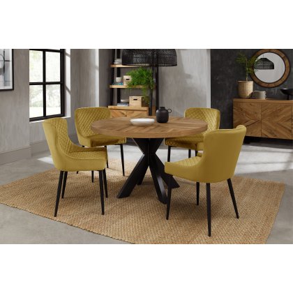 Bosco Rustic Oak 4 Seater Dining Table & 4 Cezanne Chairs in Mustard Velvet Fabric with Black Legs