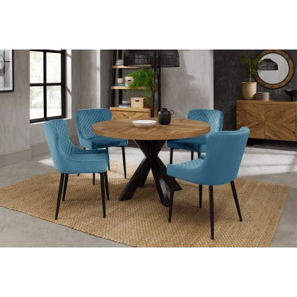 Bosco Rustic Oak 4 Seater Dining Table & 4 Cezanne Chairs in Petrol Blue Velvet Fabric with Black Legs