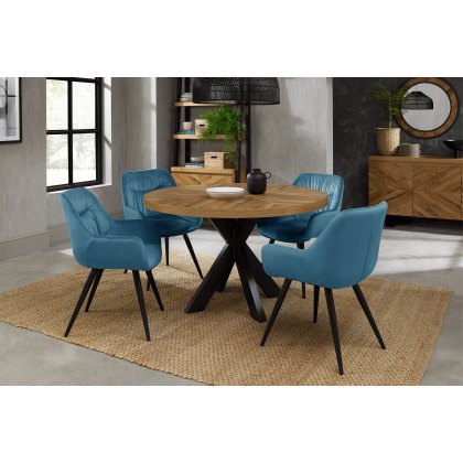 Bosco Rustic Oak 4 Seater Dining Table & 4 Dali Petrol Blue Velvet Fabric Chairs