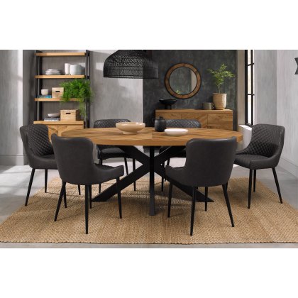 Bosco Rustic Oak 6 Seater Dining Table & 6 Cezanne Chairs in Dark Grey Faux Leather with Black Legs