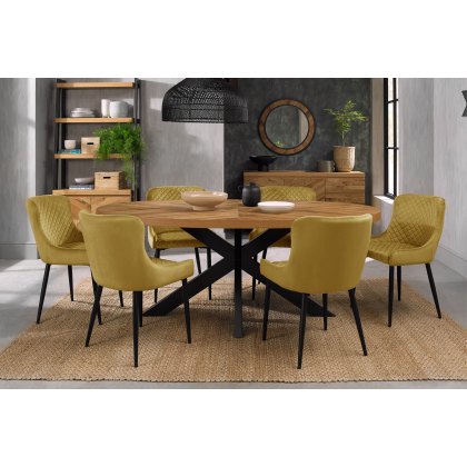 Bosco Rustic Oak 6 Seater Dining Table & 6 Cezanne Chairs in Mustard Velvet Fabric with Black Legs