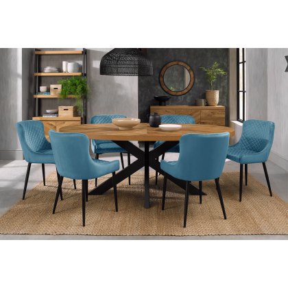 Bosco Rustic Oak 6 Seater Dining Table & 6 Cezanne Chairs in Petrol Blue Velvet Fabric with Black Legs