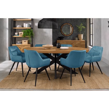 Bosco Rustic Oak 6 Seater Dining Table & 6 Dali Petrol Blue Velvet Fabric Chairs