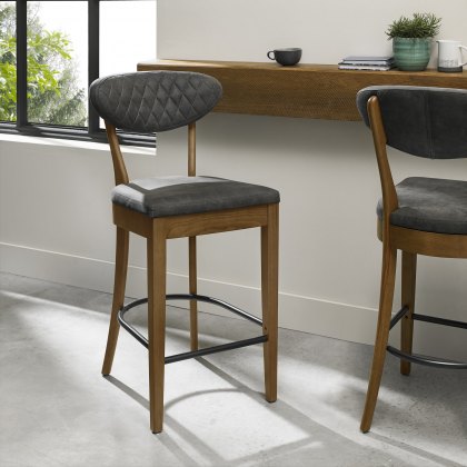 Bosco Rustic Oak Bar Stools in Dark Grey Fabric