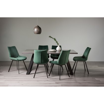Hirst Grey Painted Glass 6 Seater Dining Table & 6 Fontana Green Velvet Fabric Chairs