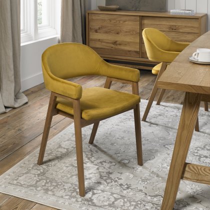 Rosen Rustic Oak Dark Mustard Velvet Fabric Upholstered Arm Chairs