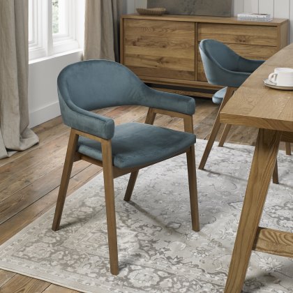 Rosen Rustic Oak Azure Velvet Fabric Upholstered Arm Chairs