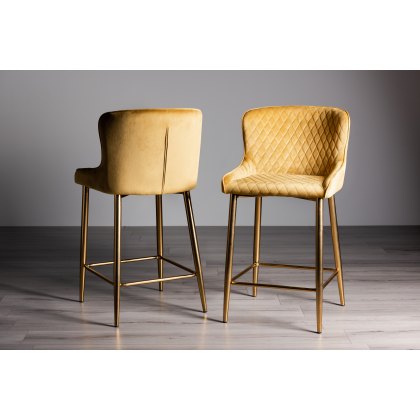 Cezanne Mustard Velvet Fabric Bar Stools with Gold Legs