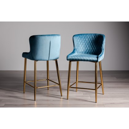 Cezanne Petrol Blue Velvet Fabric Bar Stools with Gold Legs