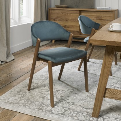 Rosen Rustic Oak Azure Velvet Fabric Upholstered Chairs