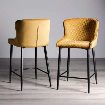 Cezanne Mustard Velvet Fabric Bar Stools with Black Legs