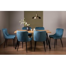 Ramsay 4 Leg Oak Effect 6 Seater & 6 Cezanne Chairs in Petrol Blue Velvet Fabric with Black Legs