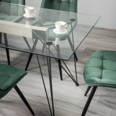 Miro Tempered Glass 6 Seater Dining Table & 6 Seurat Green Velvet Fabric Chairs