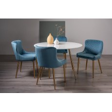 Francesca Marble Effect Glass 4 Seater Dining Table & 4 Cezanne Chairs in Petrol Blue Velvet Fabric with Gold Legs