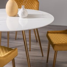 Francesca Marble Effect Glass 4 Seater Dining Table & 4 Cezanne Chairs in Mustard Velvet Fabric with Gold Legs
