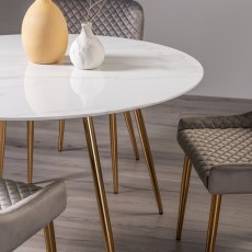 Francesca Marble Effect Glass 4 Seater Dining Table & 4 Cezanne Chairs in Grey Velvet Fabric with Gold Legs