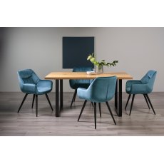 Ramsay U Leg Oak Effect 6 Seater Dining Table & 4 Dali Petrol Blue Velvet Fabric Chairs