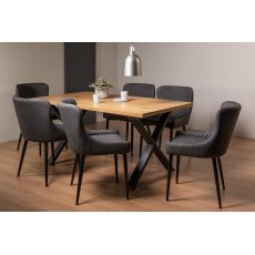 Ramsay X Leg Oak Effect 6 Seater Dining Table & 6 Cezanne Chairs in Dark Grey Faux Leather with Black Legs