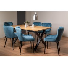 Ramsay X Leg Oak Effect 6 Seater Dining Table & 6 Cezanne Chairs in Petrol Blue Velvet Fabric with Black Legs