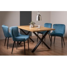 Ramsay X Leg Oak Effect 6 Seater Dining Table & 4 Cezanne Chairs in Petrol Blue Velvet Fabric with Black Legs