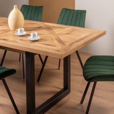 Lowry Rustic Oak 4-6 Dining Table & 4 Fontana Green Velvet Fabric Chairs