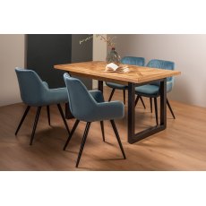 Lowry Rustic Oak 4-6 Dining Table & 4 Dali Petrol Blue Velvet Fabric Chairs