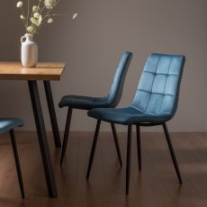 Mondrian Petrol Blue Velvet Fabric Chairs with Black Legs