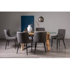 Goya Light Oak Glass 6 Seater Dining Table & 6 Cezanne Chairs in Dark Grey Faux Leather with Black Legs