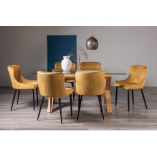 Goya Light Oak Glass 6 Seater Dining Table & 6 Cezanne Chairs in Mustard Velvet Fabric with Black Legs