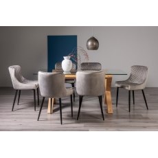 Goya Light Oak Glass 6 Seater Dining Table & 6 Cezanne Chairs in Grey Velvet Fabric with Black Legs