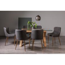 Goya Light Oak Glass 6 Seater Dining Table & 6 Cezanne Chairs in Dark Grey Faux Leather with Gold Legs