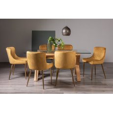 Goya Light Oak Glass 6 Seater Dining Table & 6 Cezanne Chairs in Mustard Velvet Fabric with Gold Legs