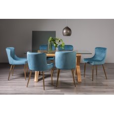 Goya Light Oak Glass 6 Seater Dining Table & 6 Cezanne Chairs in Petrol Blue Velvet Fabric with Gold Legs