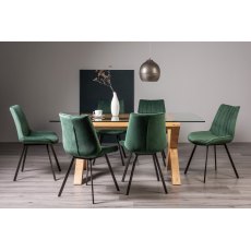 Goya Light Oak Glass 6 Seater Dining Table & 6 Fontana Green Velvet Fabric Chairs