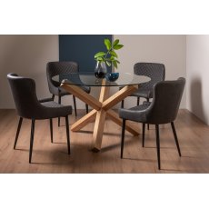 Goya Light Oak Glass 4 Seater Dining Table & 4 Cezanne Chairs in Dark Grey Faux Leather with Black Legs