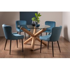 Goya Light Oak Glass 4 Seater Dining Table & 4 Cezanne Chairs in Petrol Blue Velvet Fabric with Black Legs