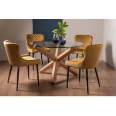 Goya Light Oak Glass 4 Seater Dining Table & 4 Cezanne Chairs in Mustard Velvet Fabric with Black Legs