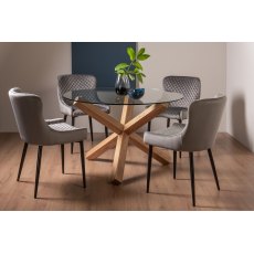 Goya Light Oak Glass 4 Seater Dining Table & 4 Cezanne Chairs in Grey Velvet Fabric with Black Legs